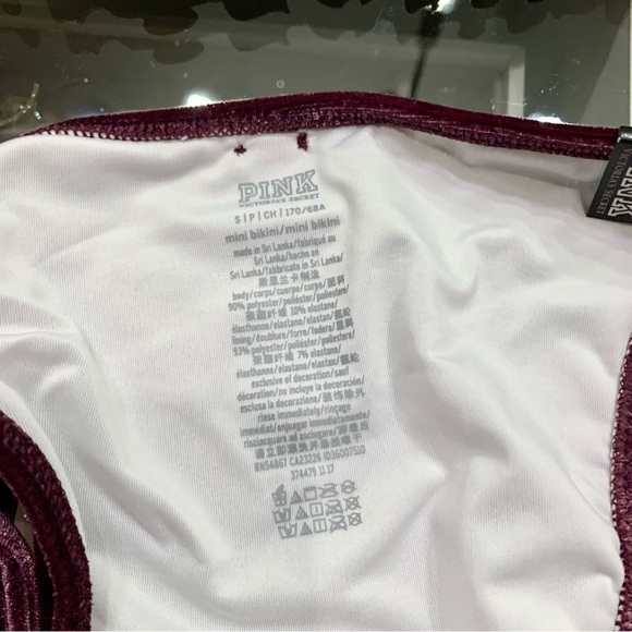 VS PINK Maroon Dark Red Smocked Crop Top Velvet String Mini Bikini Swimsuit - Picture 11 of 12